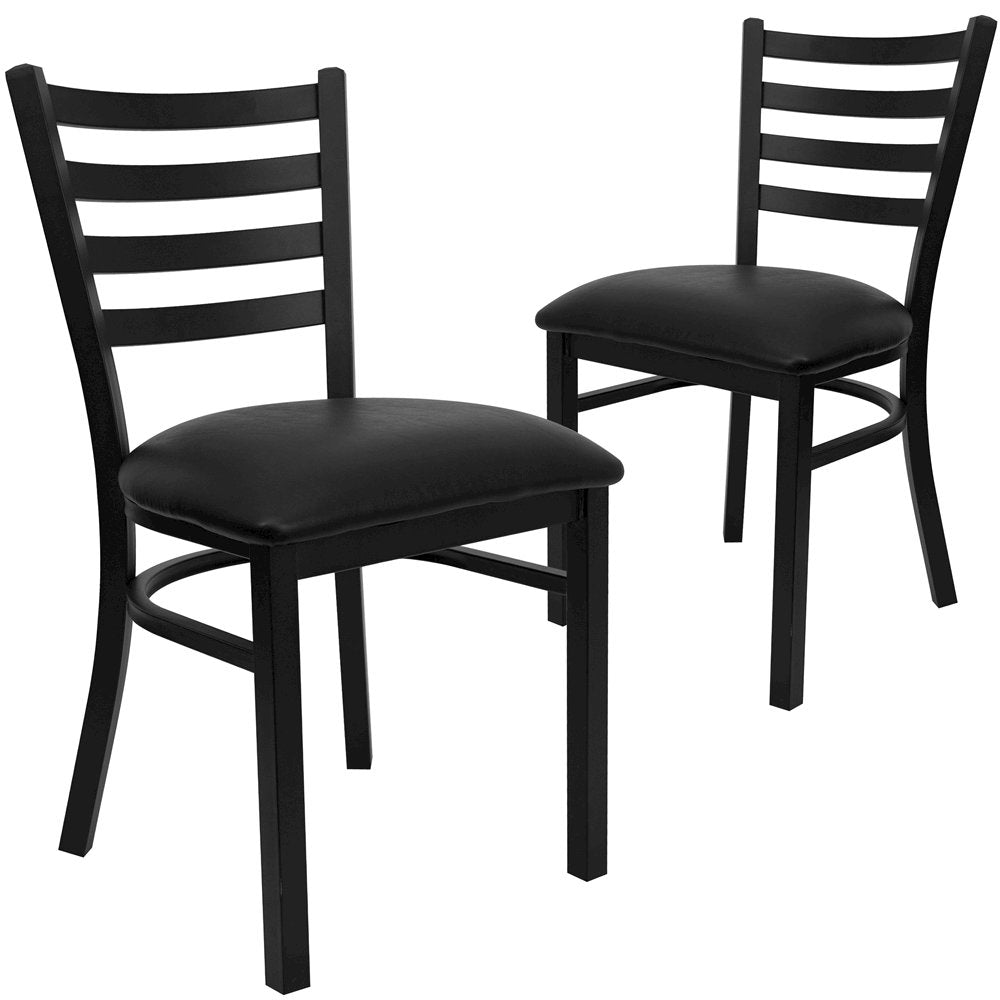 2 Pk. Black Ladder Back Metal Restaurant Chair - Black Vinyl Seat
