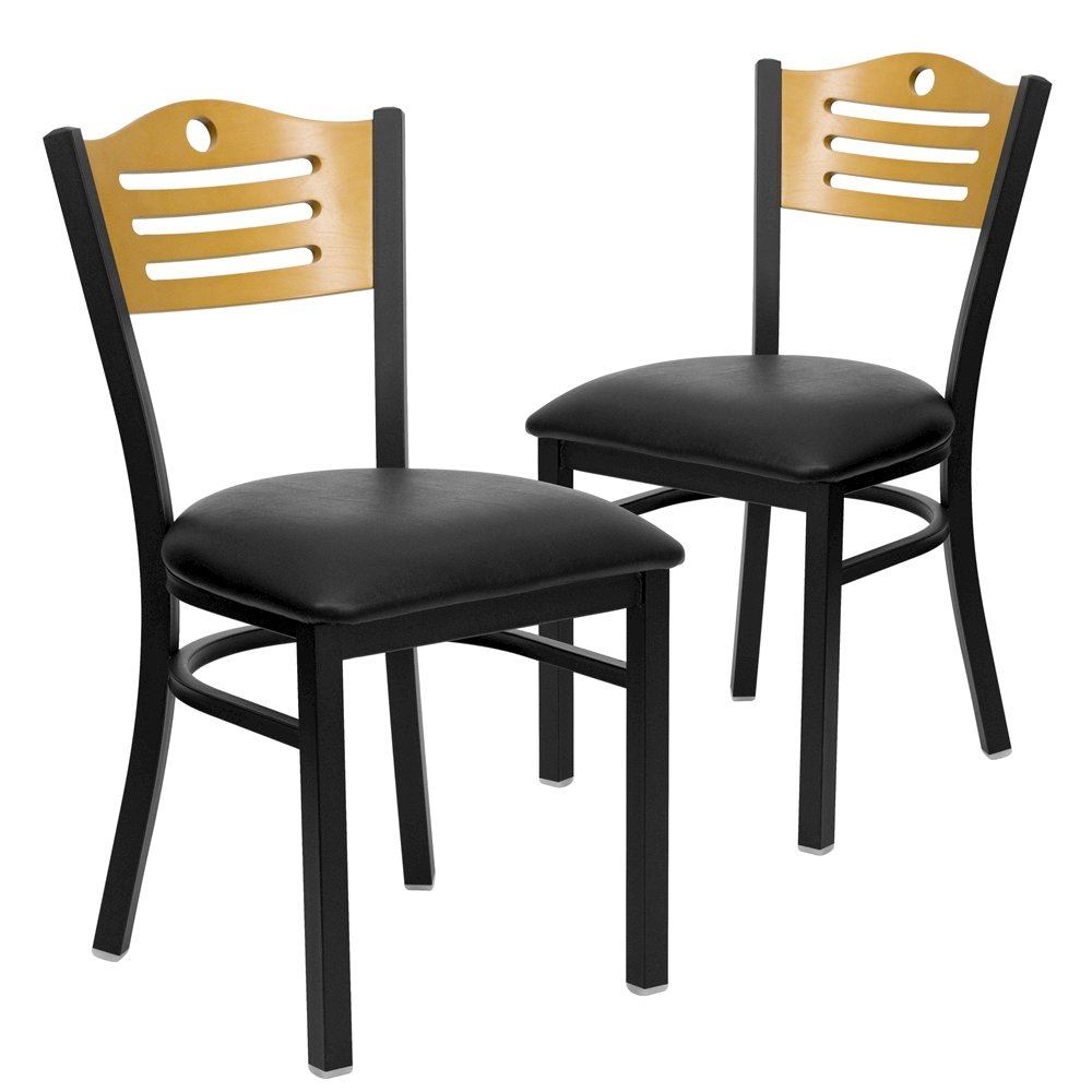 2 Pk. Black Slat Back Metal Chair - Natural Wood Back, Black Vinyl Seat
