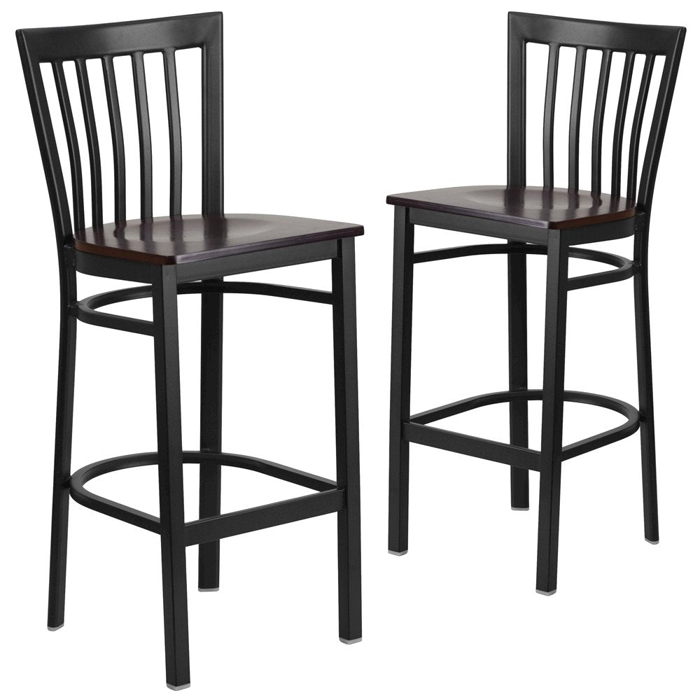 2 Pk. Black School House Back Metal Restaurant Barstool - Walnut Wood Seat