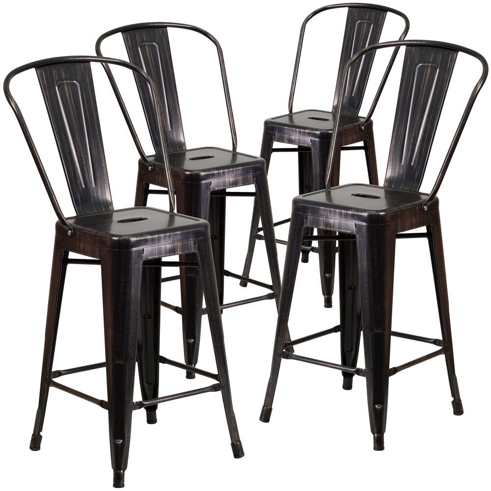 4 Pk. 24'' High Black-Antique Gold Metal Counter Height Stool with Back