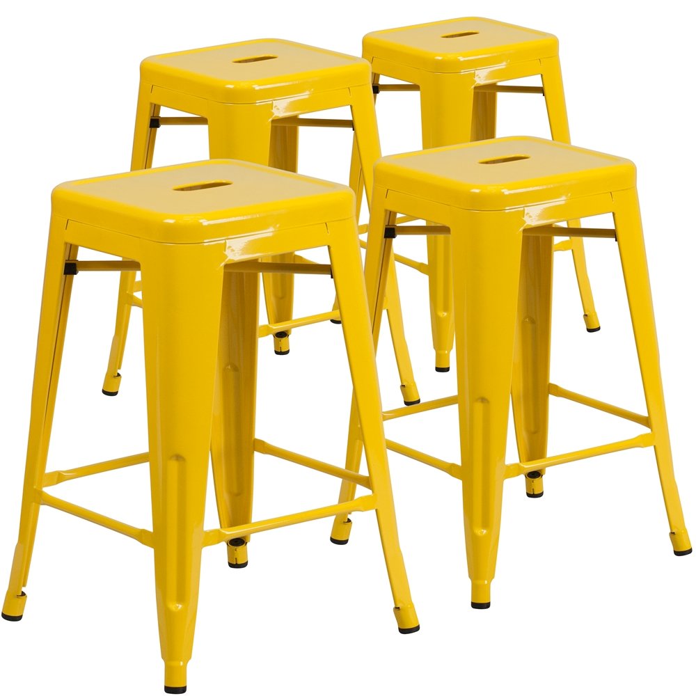4 Pk. 24'' High Backless Yellow Metal Indoor-Outdoor Counter Height Stool