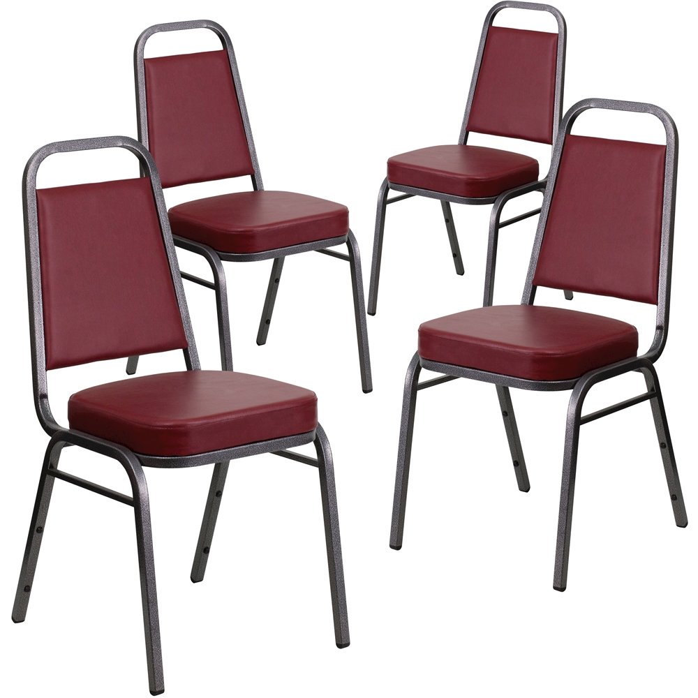 4 Pk Stacking Chair with Burgundy Vinyl and 2.5'' Thick Seat - Silver Vein Frame
