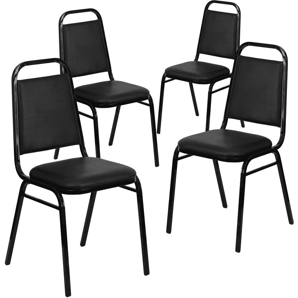 4 Pk. Stacking Chair with Black Vinyl and 1.5'' Thick Seat - Black Frame