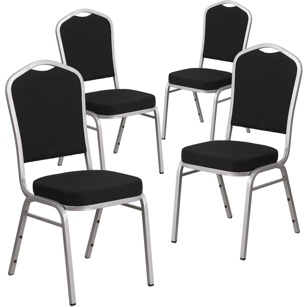 4 Pk. Stacking Chair with Black Fabric and 2.5'' Thick Seat - Silver Frame