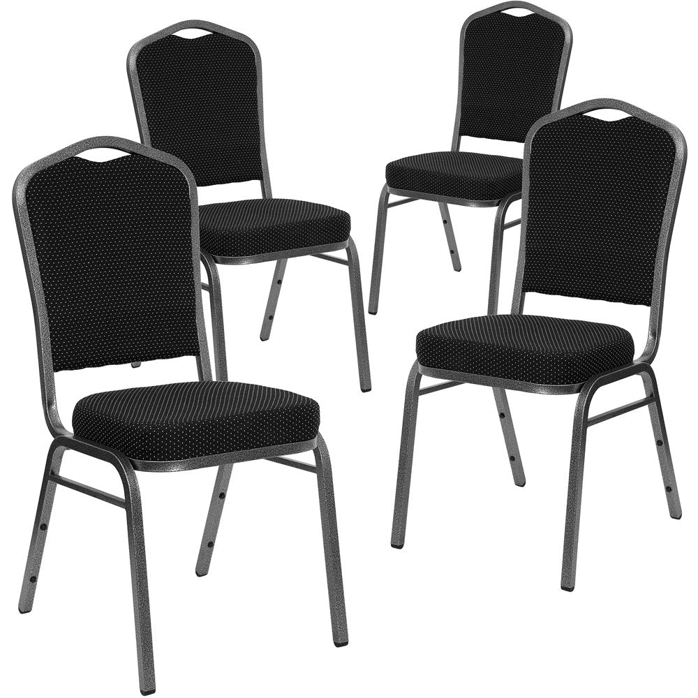 4 Pk. Stacking Chair with Black Patterned Fabric - Silver Vein Frame