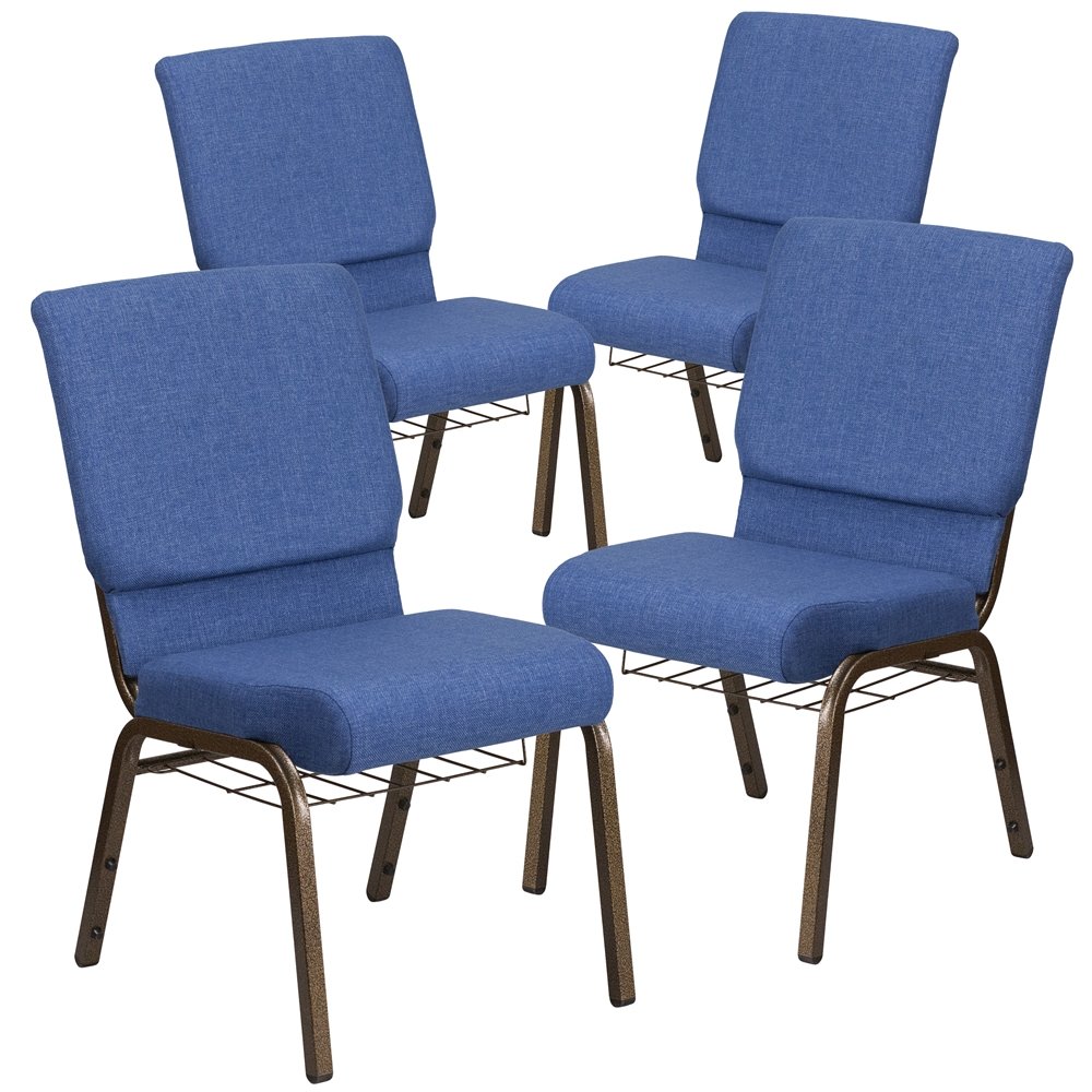 4 Pk. 18.5''W Blue Fabric Church Chair, Cup Book Rack - Gold Vein Frame
