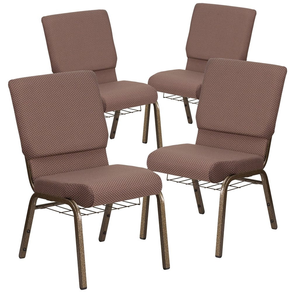 4 Pk. 18.5''W Brown Dot Fabric Church Chair, Book Rack - Gold Vein Frame