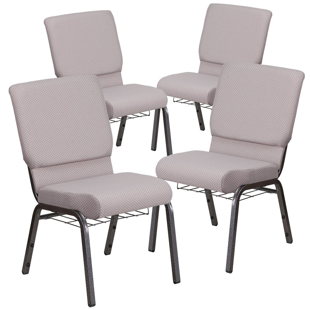 4 Pk. 18.5''W Gray Dot Fabric Church Chair, Book Rack - Silver Vein Frame