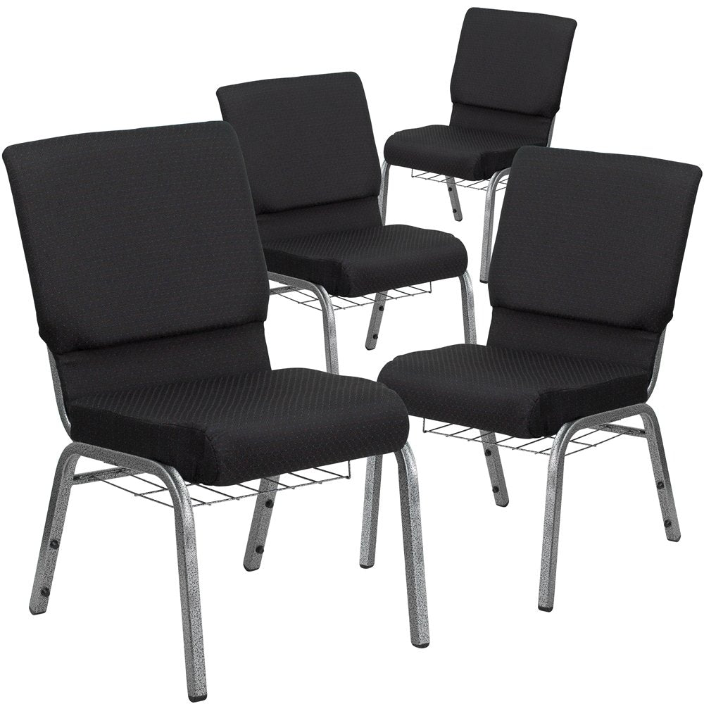 4 Pk. 18.5''W Black Fabric Church Chair, Cup Book Rack - Silver Vein Frame