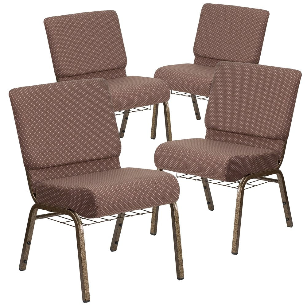 4 Pk. 21'' Wide Brown Dot Fabric Church Chair, Book Rack - Gold Vein Frame