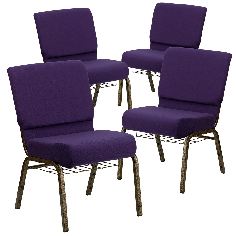 4 Pk. 21'' Wide Royal Purple Fabric Church Chair, Cup Book Rack - Gold Frame
