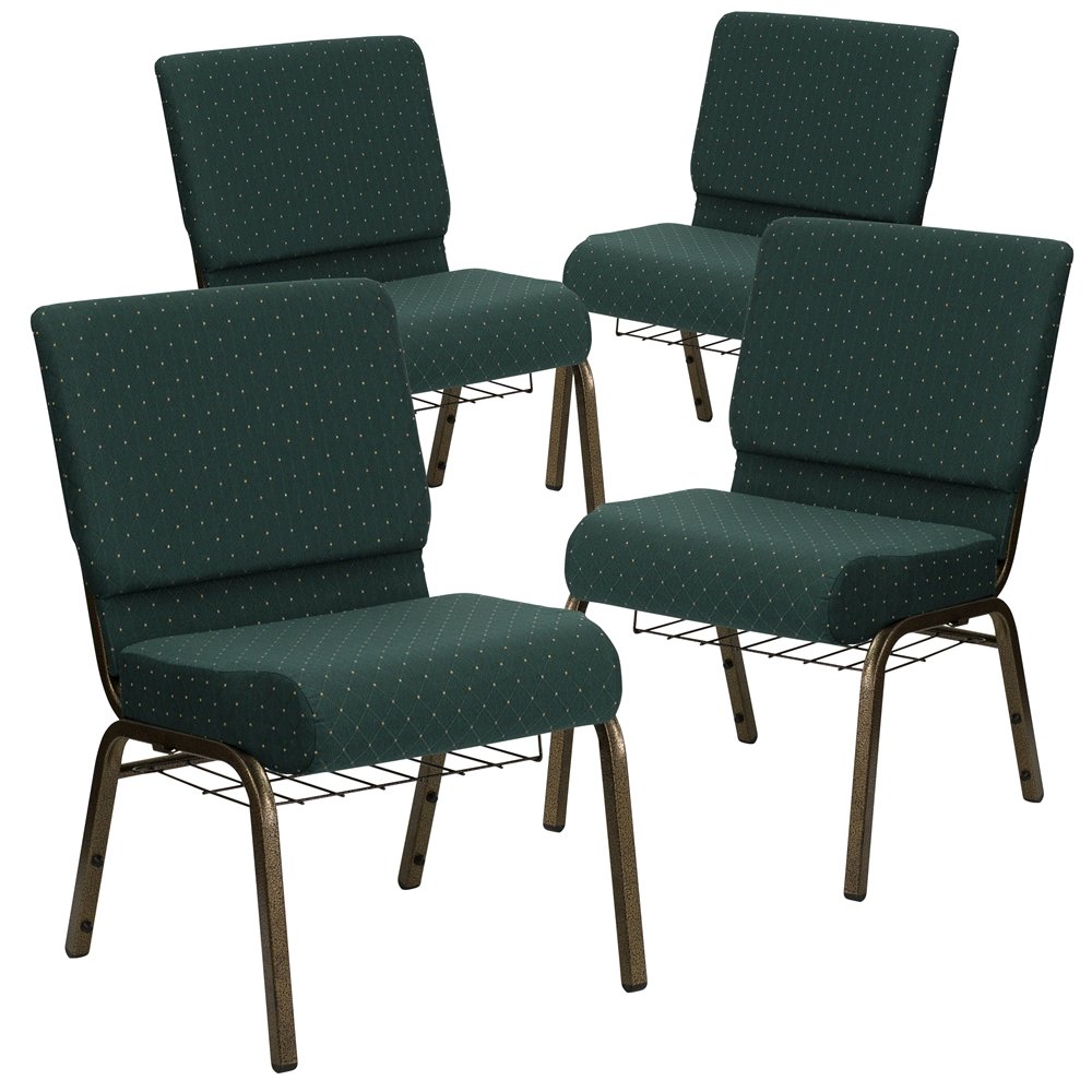4 Pk. 21'' Hunter Green Dot Fabric Church Chair, Cup Book Rack - Gold Frame