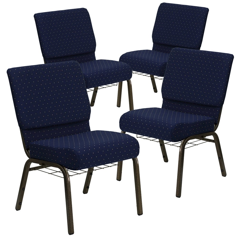 4 Pk. 21'' Navy Blue Dot Fabric Church Chair, Cup Book Rack - Gold Vein Frame