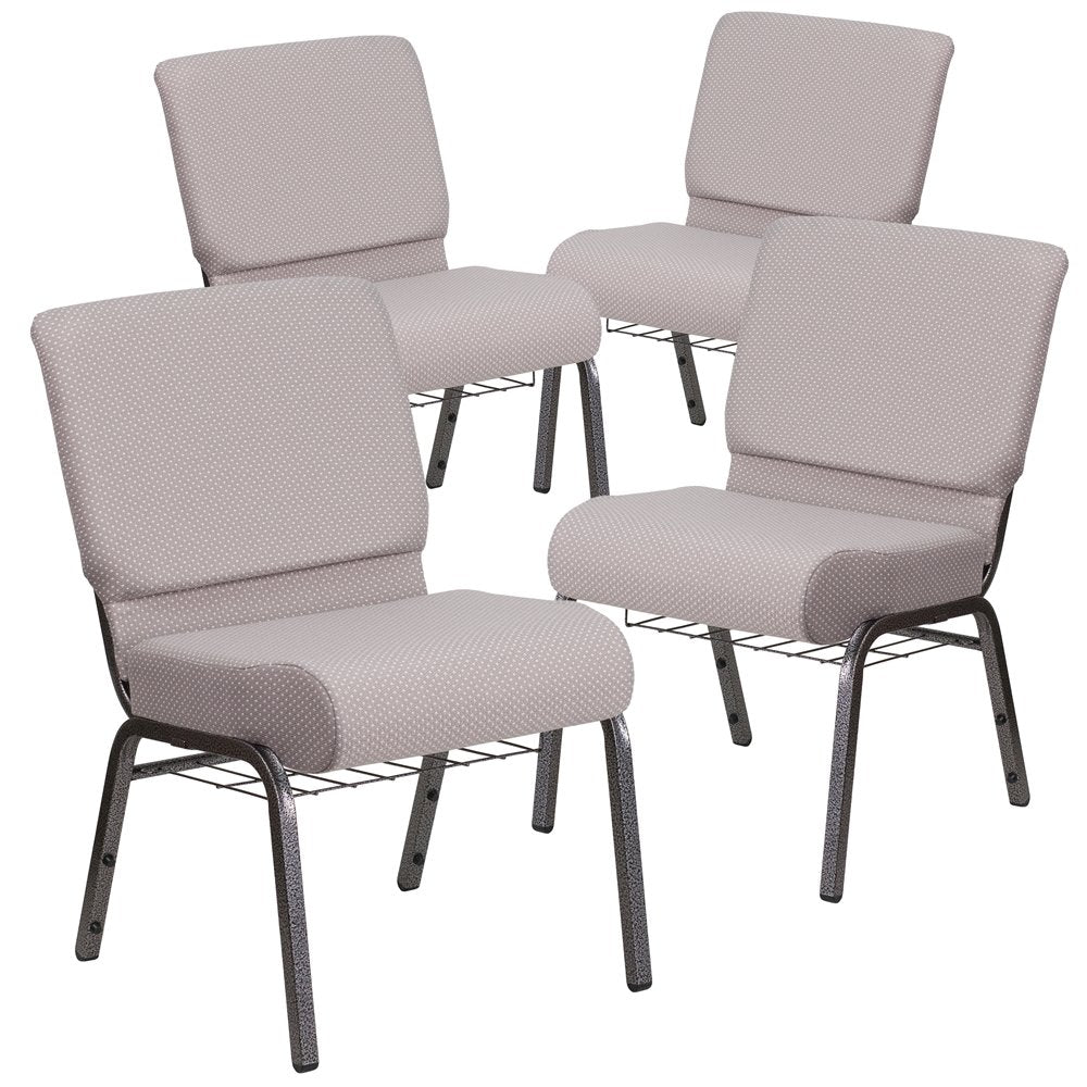 4 Pk. 21'' Wide Gray Dot Fabric Church Chair, Book Rack - Silver Vein Frame