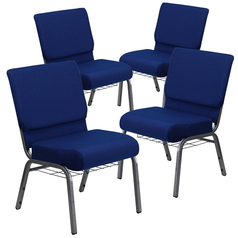 4 Pk. 21'' Navy Blue Fabric Church Chair, Cup Book Rack - Silver Vein Frame