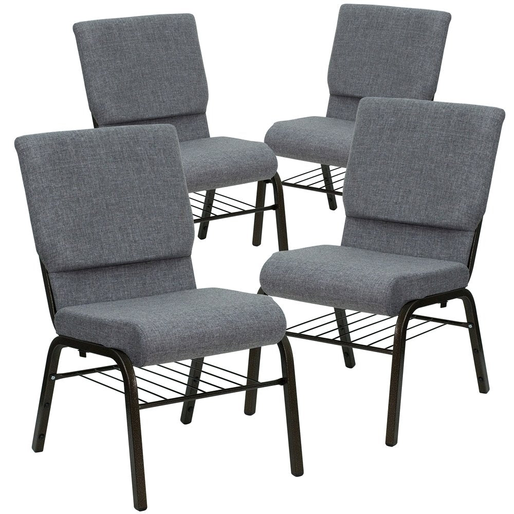4 Pk. 18.5''W Gray Fabric Church Chair, Book Rack - Gold Vein Frame