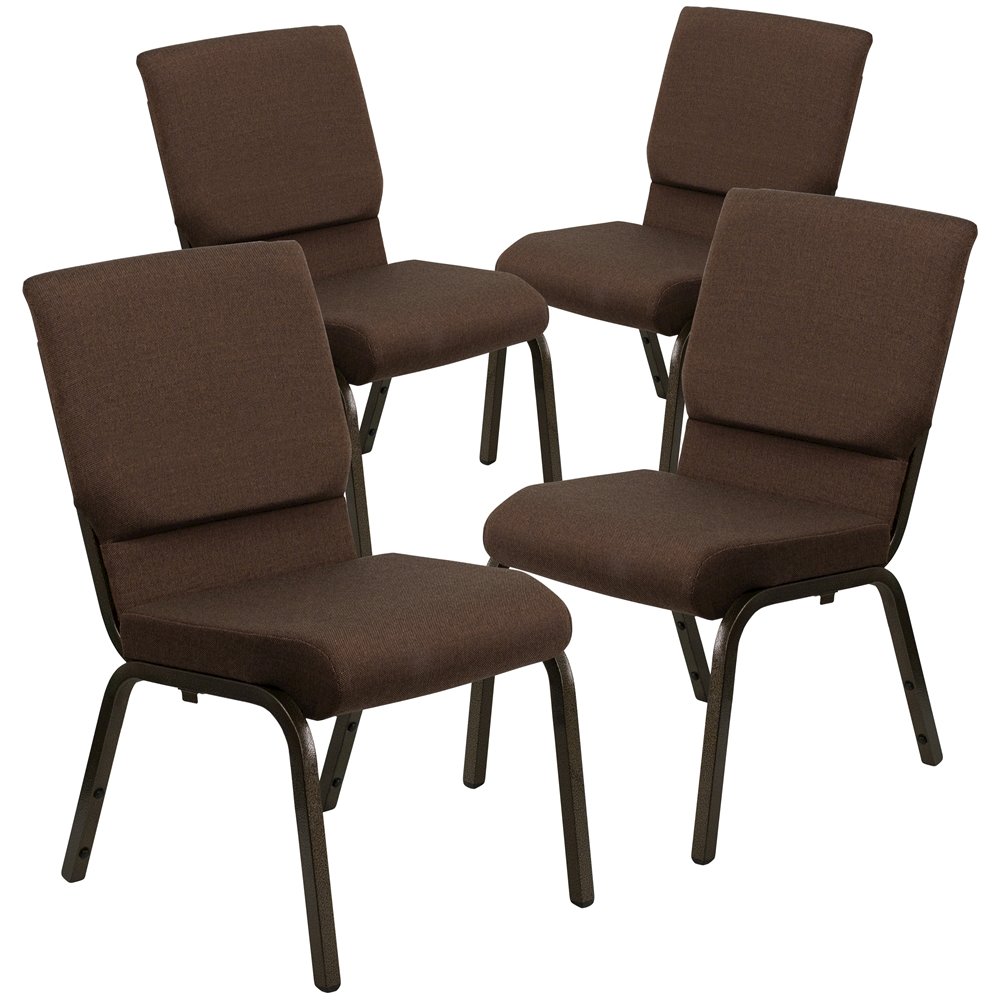 4 Pk. 18.5''W Brown Fabric Stacking Church Chair - Gold Vein Frame