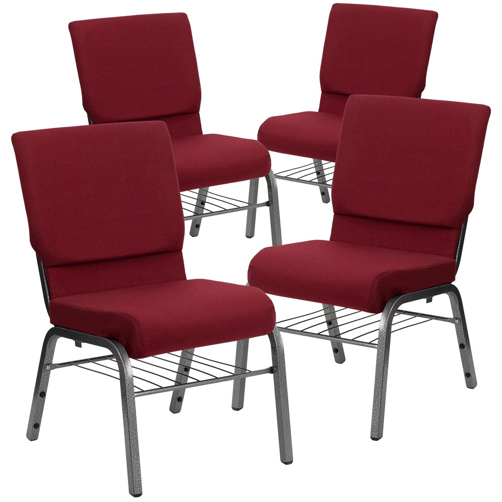 4 Pk. 18.5''W Burgundy Fabric Church Chair, Book Rack - Silver Vein Frame