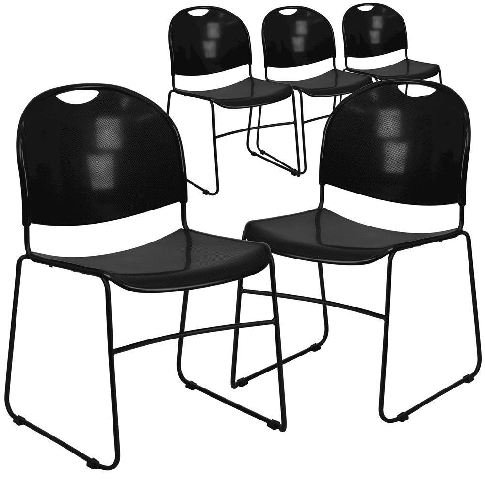 5 Pk. 880 lb. Capacity Black Ultra Compact Stack Chair with Black Frame
