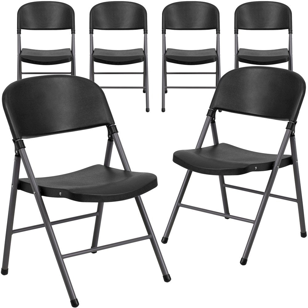 6 Pk. 330 lb. Capacity Black Plastic Folding Chair with Charcoal Frame