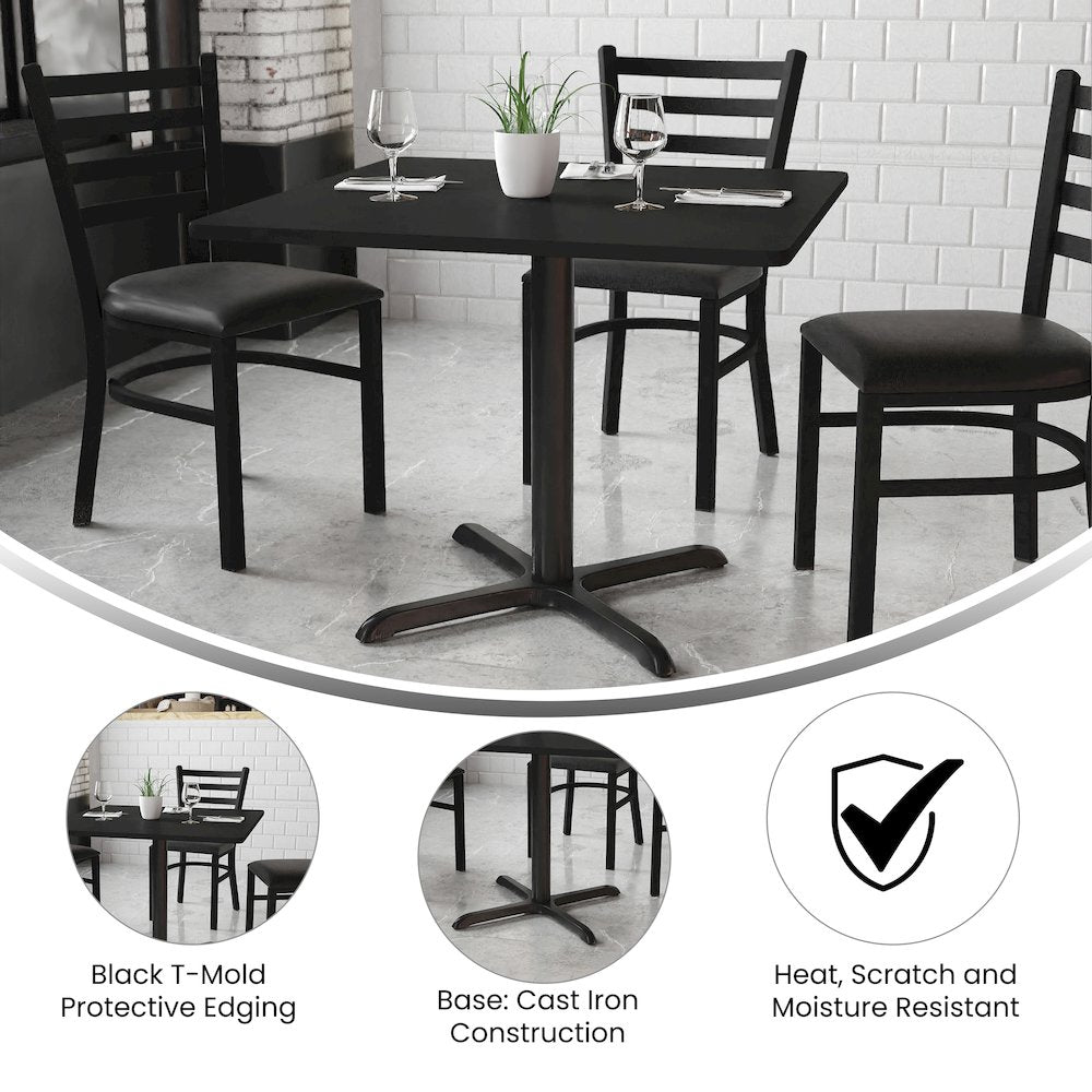 36'' Black Table Set with X-Base and 4 Black Trapezoidal Back Banquet Chairs