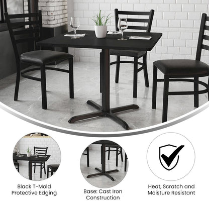 36'' Black Table Set with X-Base and 4 Black Trapezoidal Back Banquet Chairs