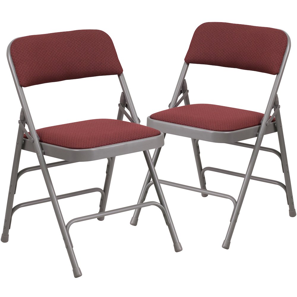 Curved Triple Braced & Double Hinged Burgundy Patterned Fabric Metal Folding Chair