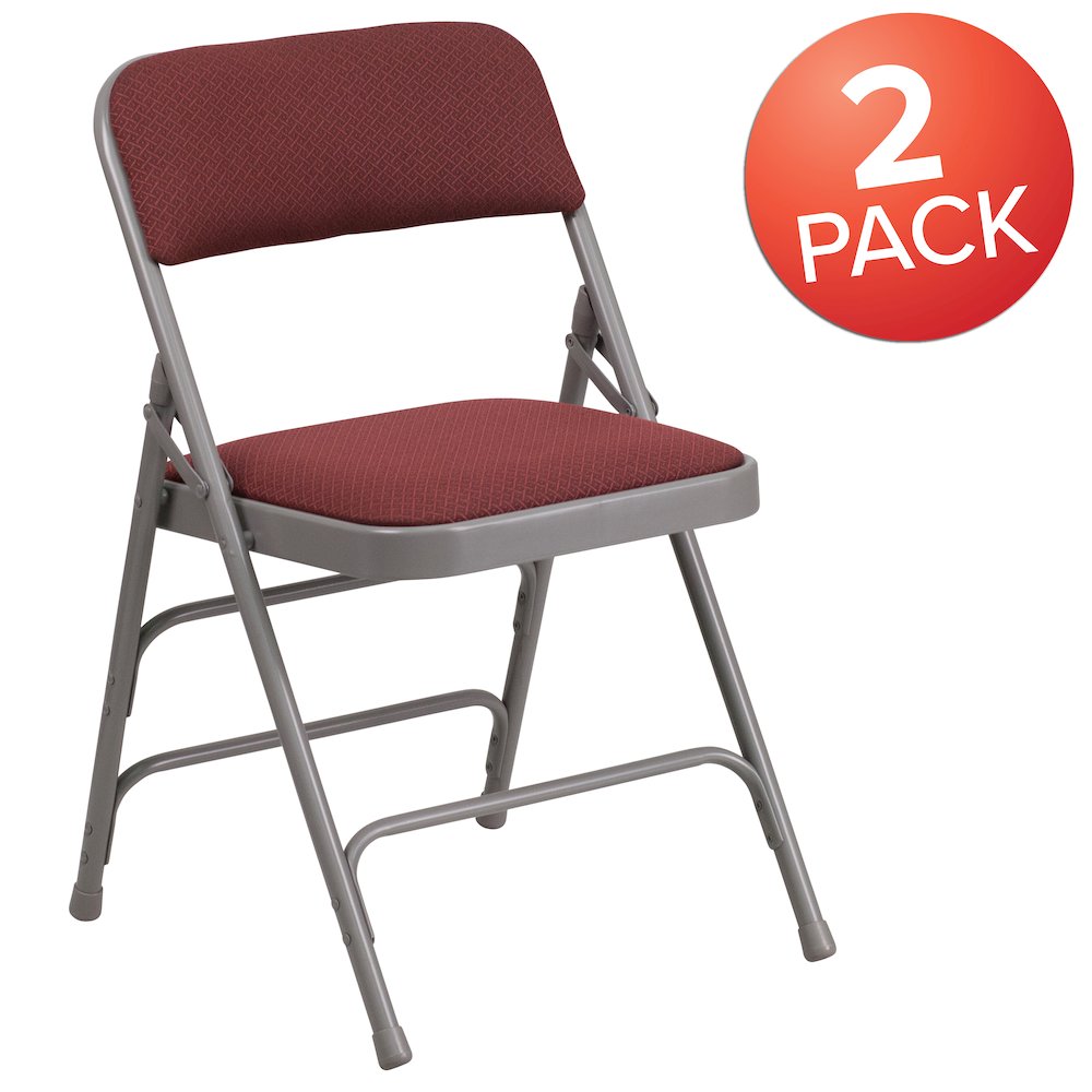 Curved Triple Braced & Double Hinged Burgundy Patterned Fabric Metal Folding Chair