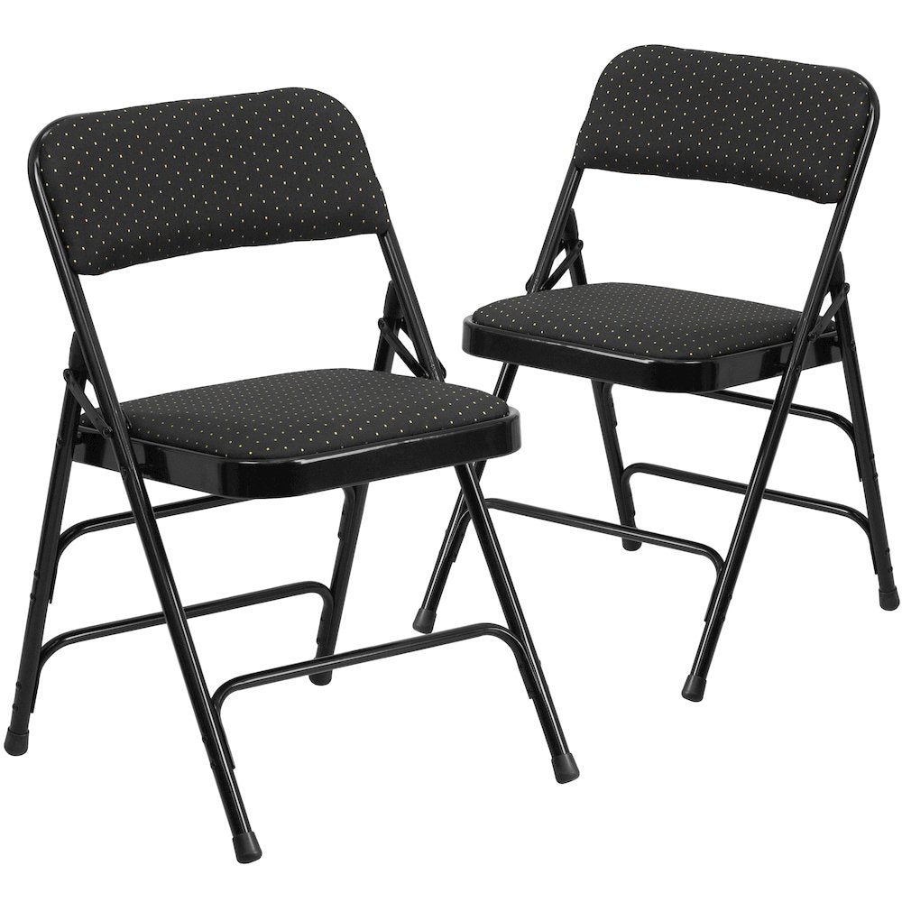 Curved Triple Braced & Double Hinged Black Patterned Fabric Metal Folding Chair