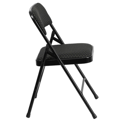Curved Triple Braced & Double Hinged Black Patterned Fabric Metal Folding Chair