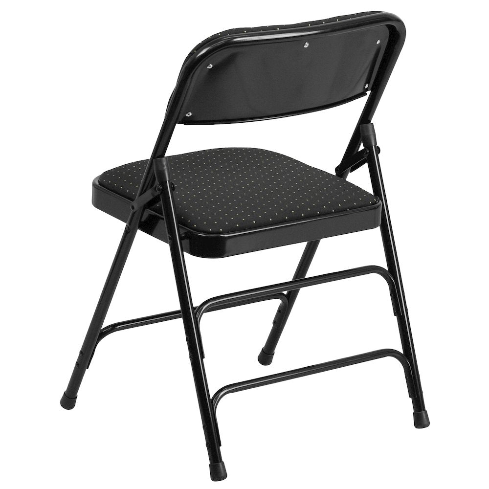 Curved Triple Braced & Double Hinged Black Patterned Fabric Metal Folding Chair