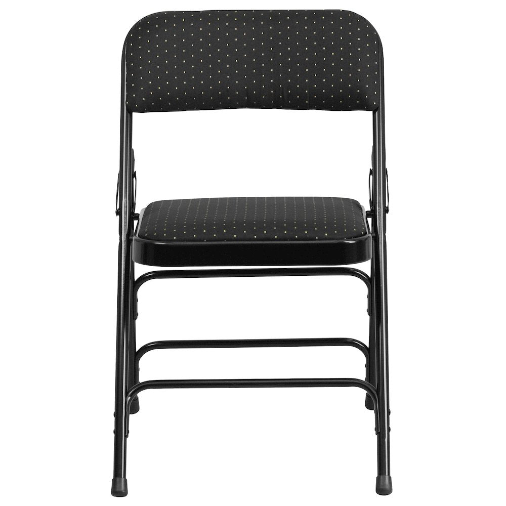 Curved Triple Braced & Double Hinged Black Patterned Fabric Metal Folding Chair