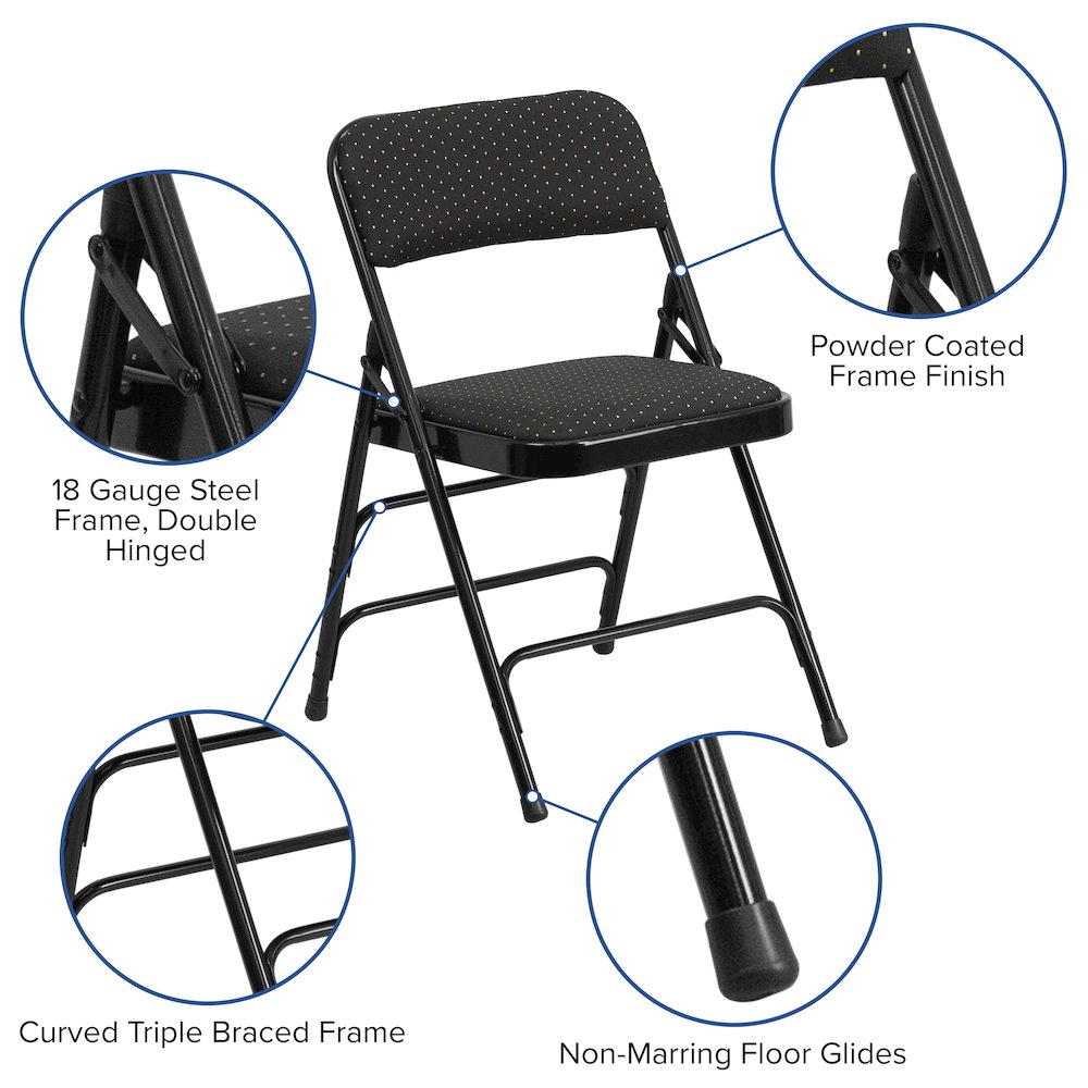 Curved Triple Braced & Double Hinged Black Patterned Fabric Metal Folding Chair