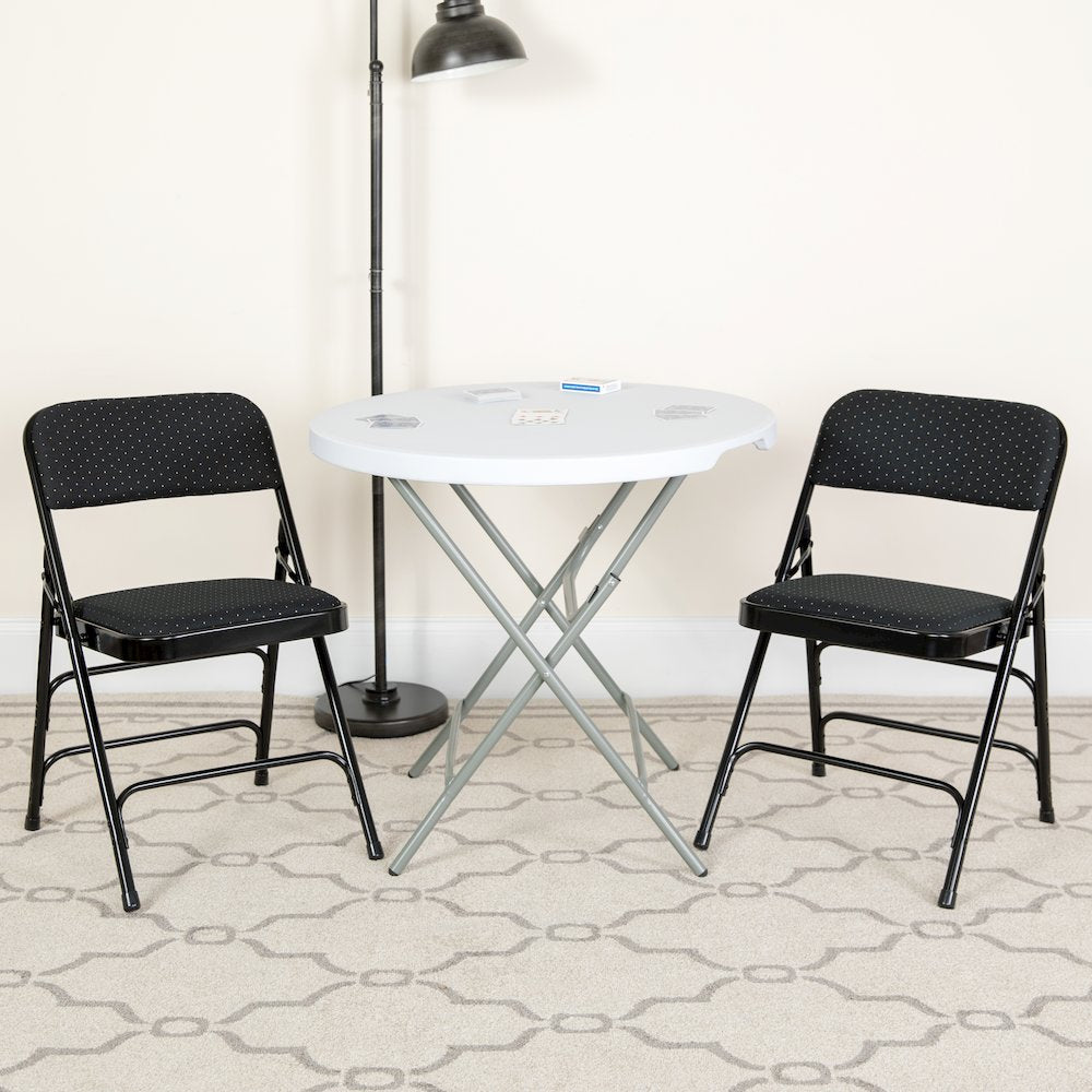Curved Triple Braced & Double Hinged Black Patterned Fabric Metal Folding Chair