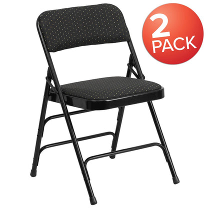 Curved Triple Braced & Double Hinged Black Patterned Fabric Metal Folding Chair