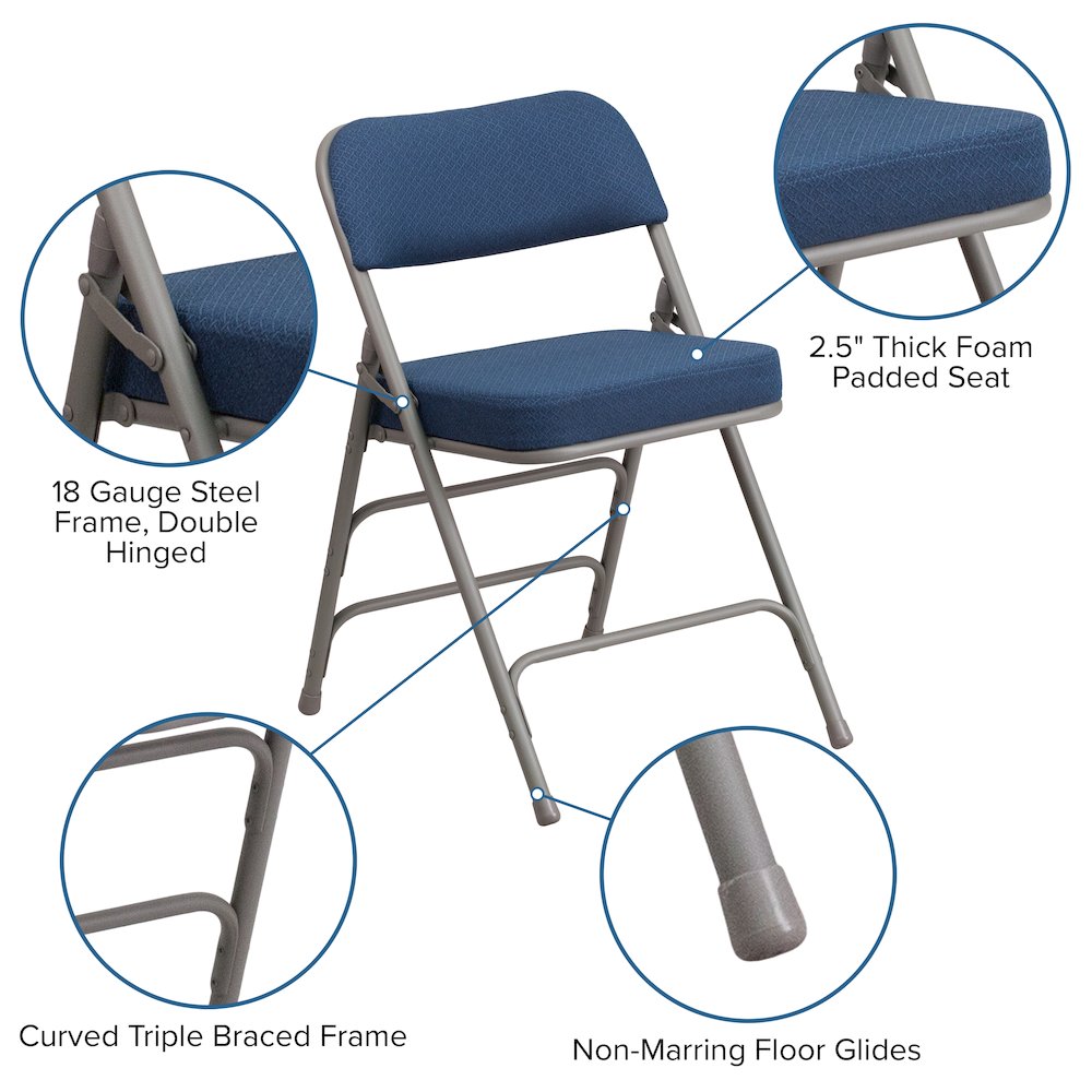 2 Pack Curved Triple Braced & Double Hinged Navy Fabric Metal Folding Chair
