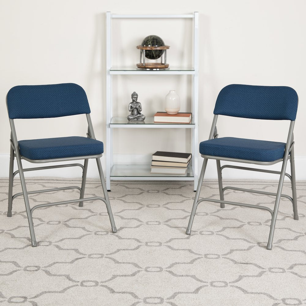 2 Pack Curved Triple Braced & Double Hinged Navy Fabric Metal Folding Chair