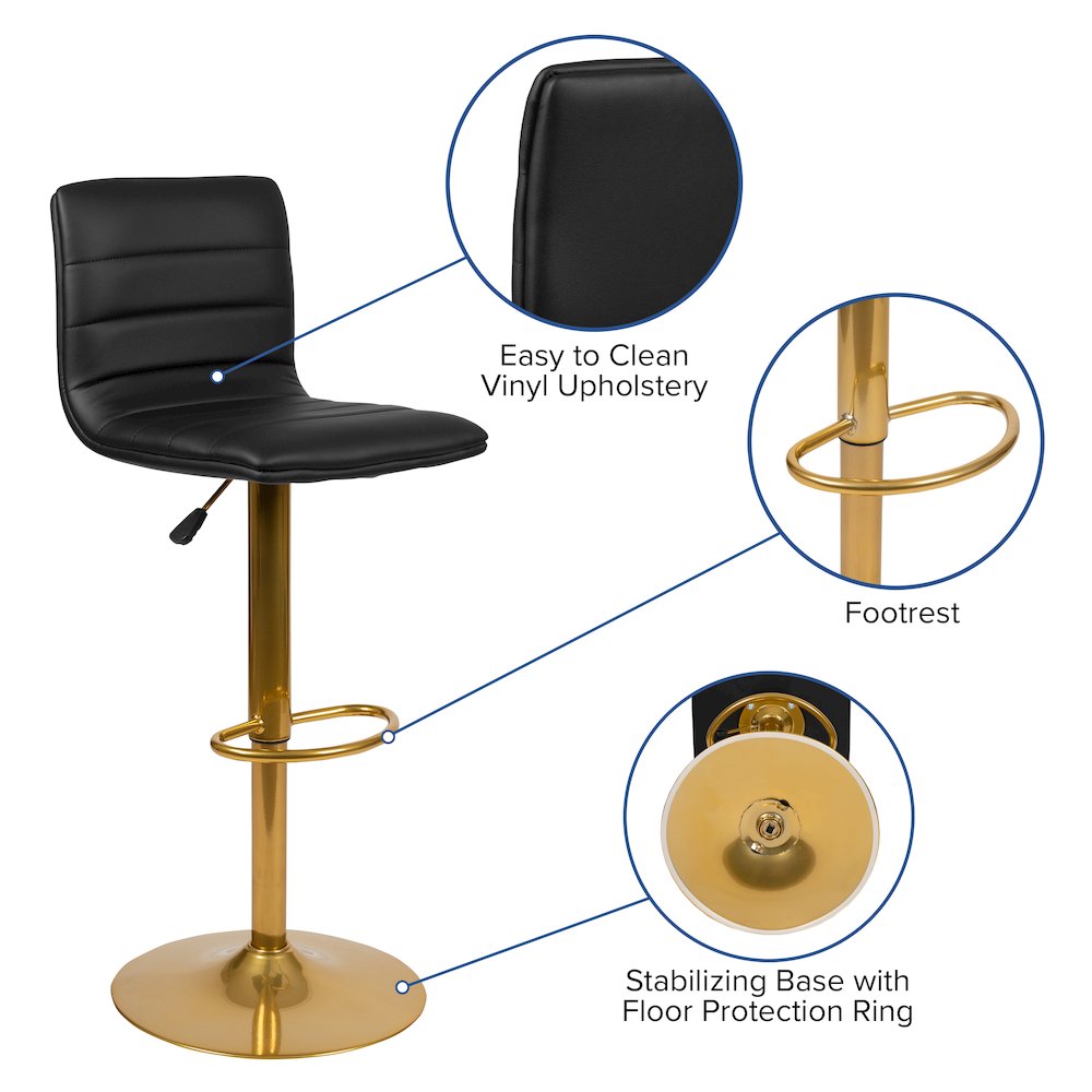 Black Vinyl Adjustable Bar Stool, Counter Height Swivel Stool, Set of 2