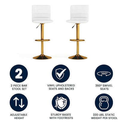 White Vinyl Adjustable Bar Stool, Counter Height Swivel Stool, Set of 2