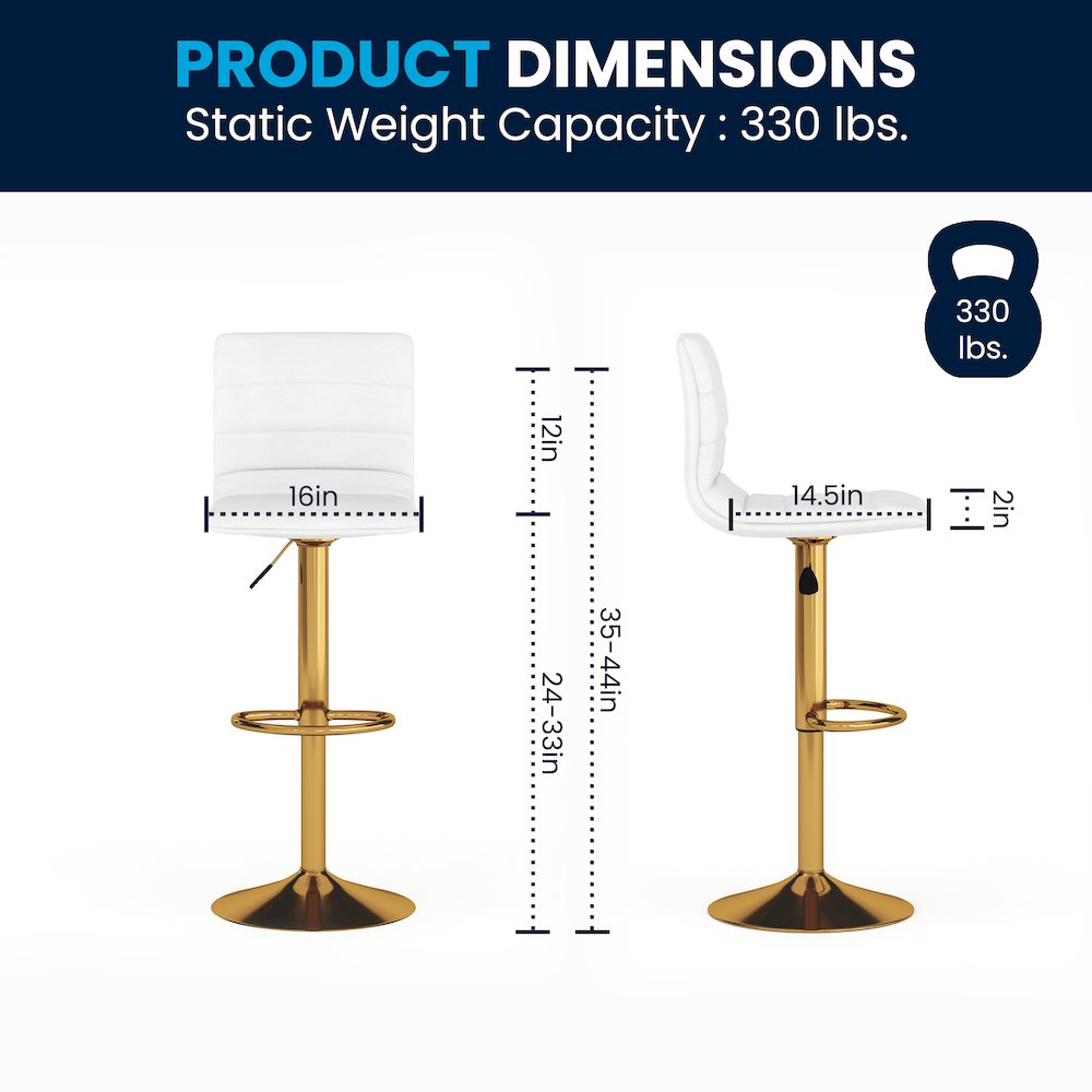 White Vinyl Adjustable Bar Stool, Counter Height Swivel Stool, Set of 2