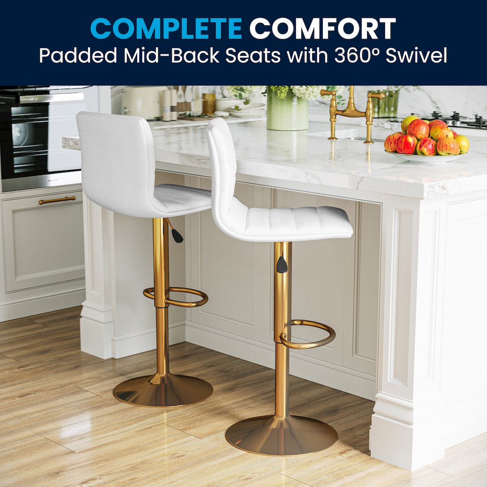 White Vinyl Adjustable Bar Stool, Counter Height Swivel Stool, Set of 2