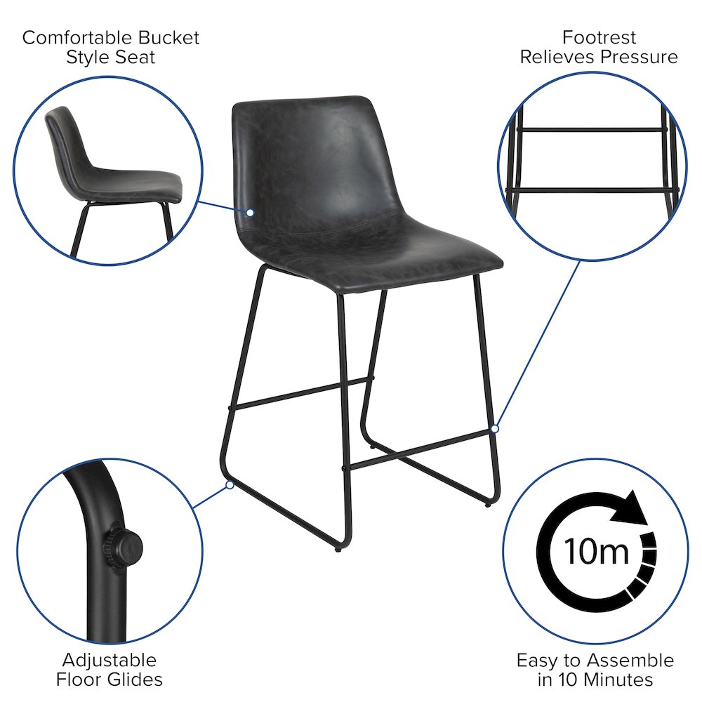 24 Inch LeatherSoft Counter Height Barstools in Dark Gray, Set of 2
