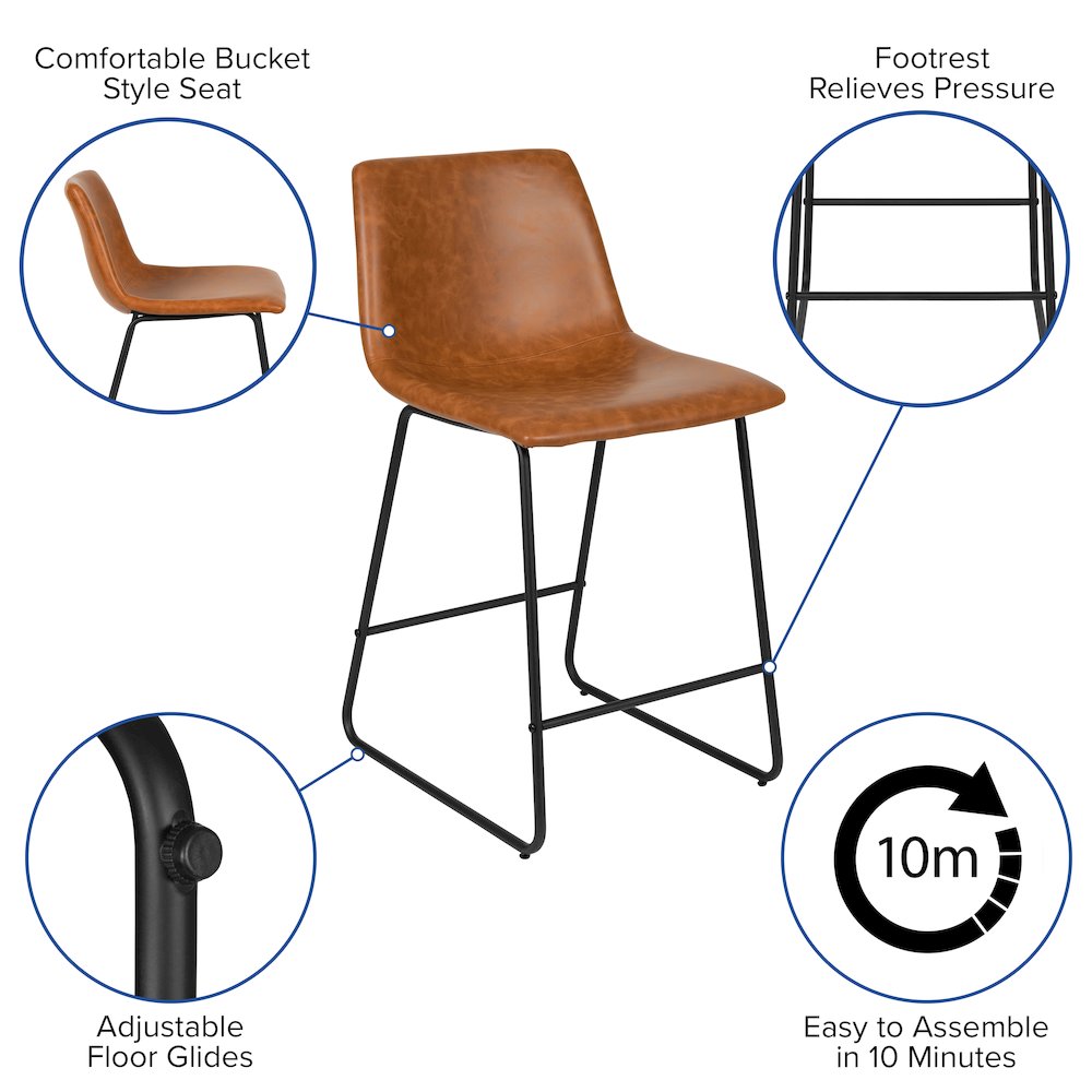 24 Inch LeatherSoft Counter Height Barstools in Light Brown, Set of 2