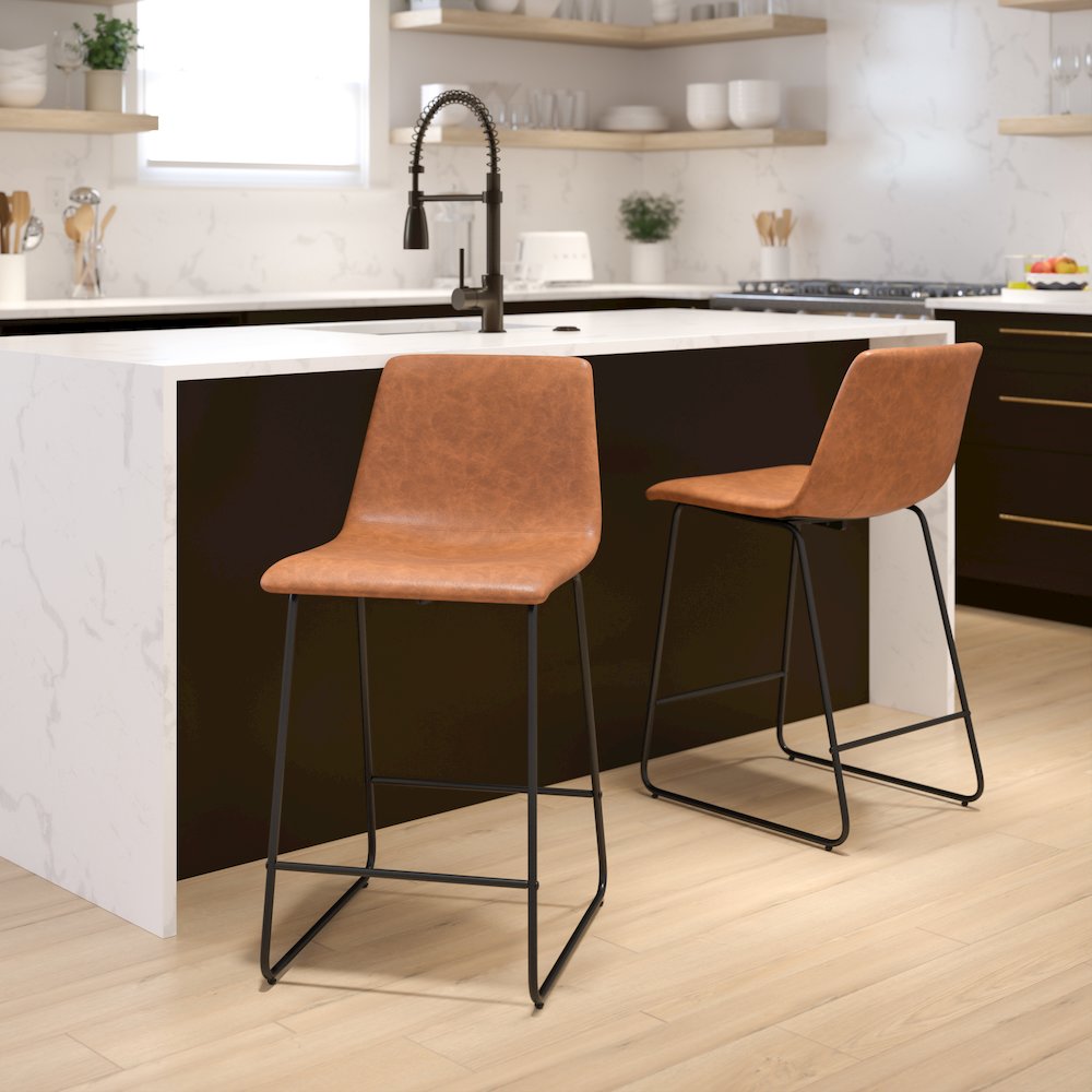 24 Inch LeatherSoft Counter Height Barstools in Light Brown, Set of 2