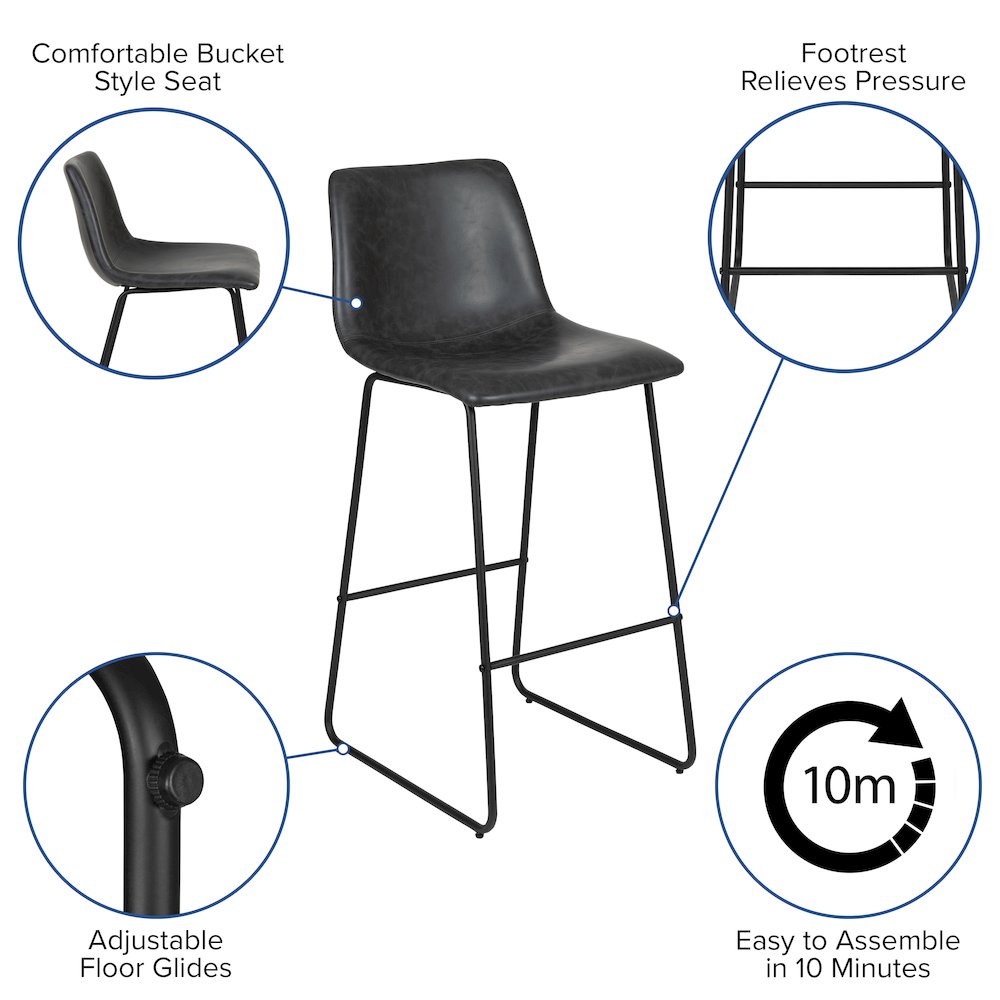 30 Inch LeatherSoft Bar Height Barstools in Dark Gray, Set of 2