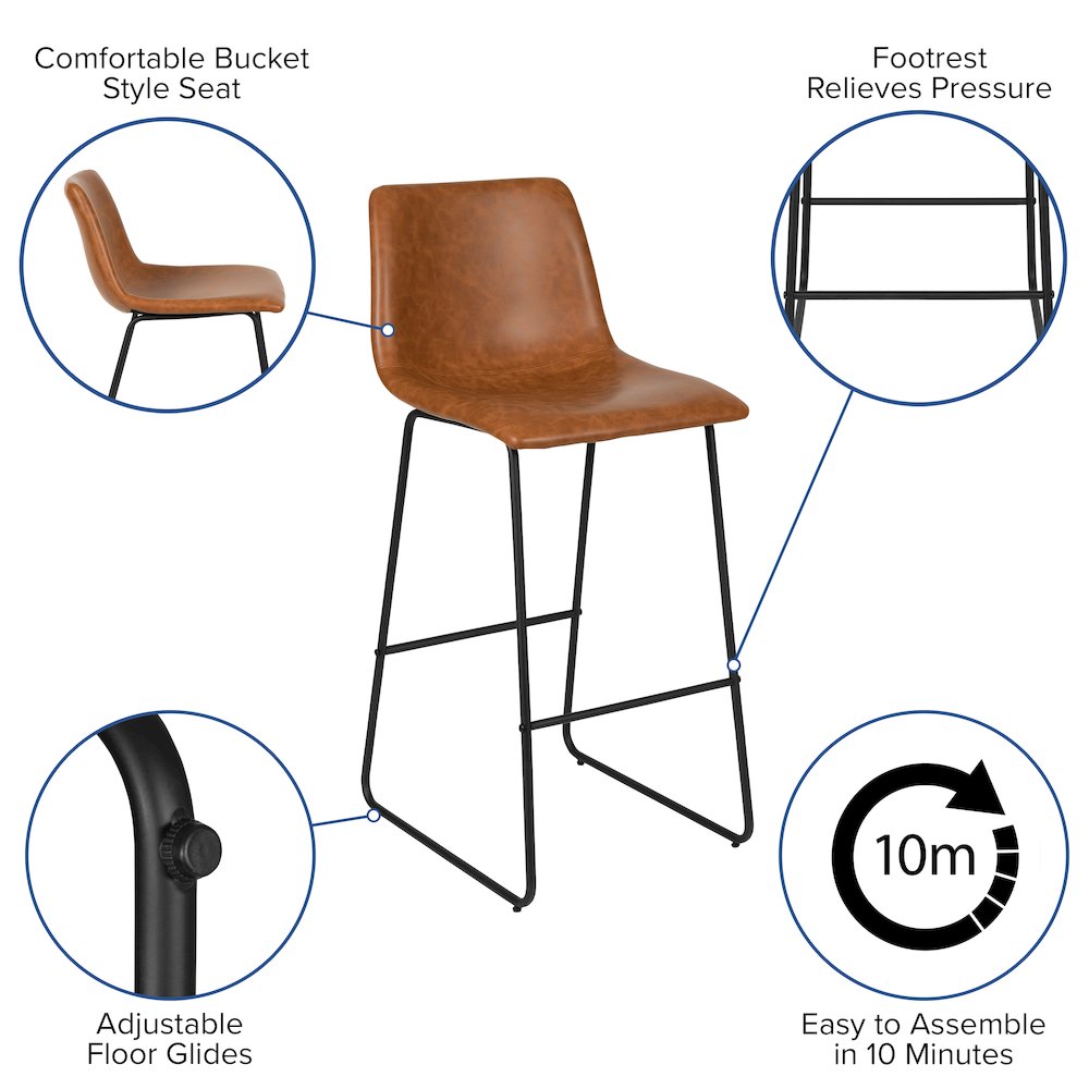 30 Inch LeatherSoft Bar Height Barstools in Light Brown, Set of 2