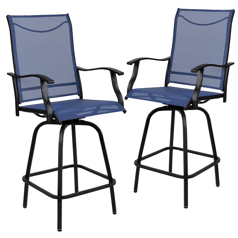 Patio Bar Height Stools Set of 2, All-Weather Textilene Swivel Patio Stools and Deck Chairs with High Back & Armrests in Navy