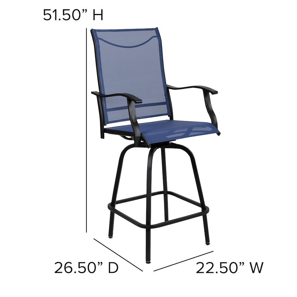 Patio Bar Height Stools Set of 2, All-Weather Textilene Swivel Patio Stools and Deck Chairs with High Back & Armrests in Navy