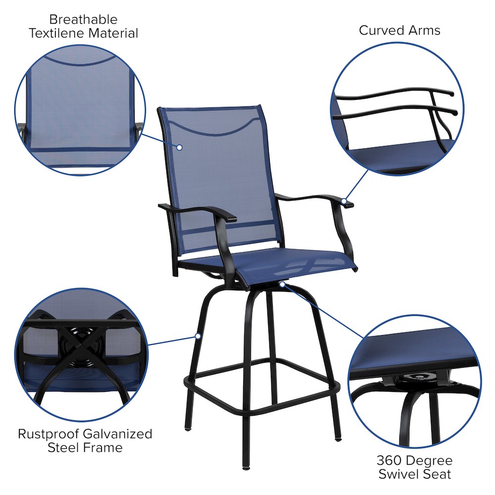 Patio Bar Height Stools Set of 2, All-Weather Textilene Swivel Patio Stools and Deck Chairs with High Back & Armrests in Navy