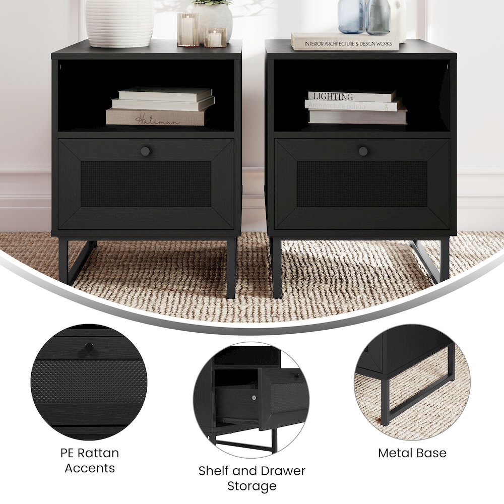 Set of 2 Mid-Century Modern Nightstands or End Tables, Black